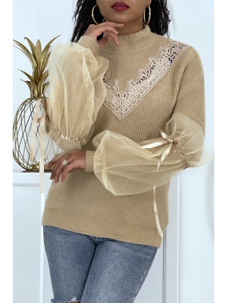 Pull col montant taupe à manches bouffantes en tulle - 4