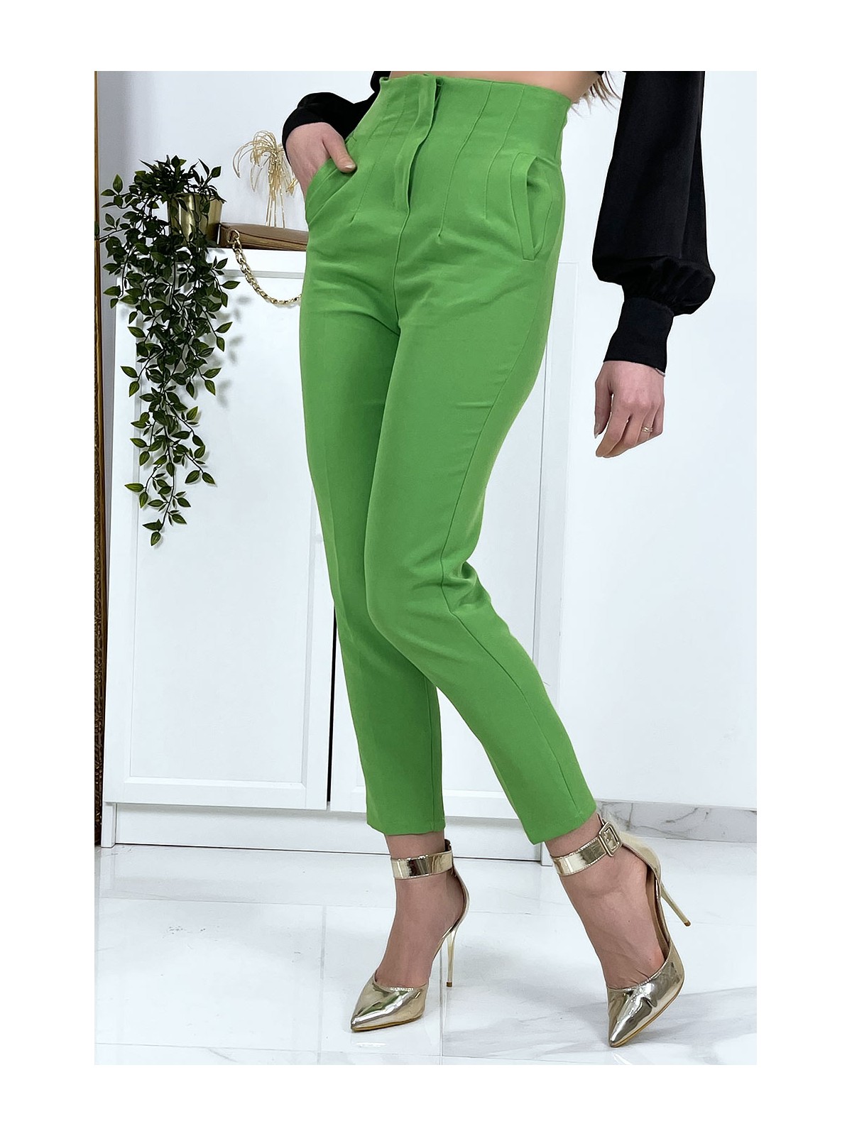 Pantalon cigarette vert anis femme - 8