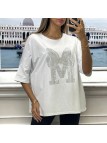 T-shirt over size blanc avec grosse écriture M en strass - 3