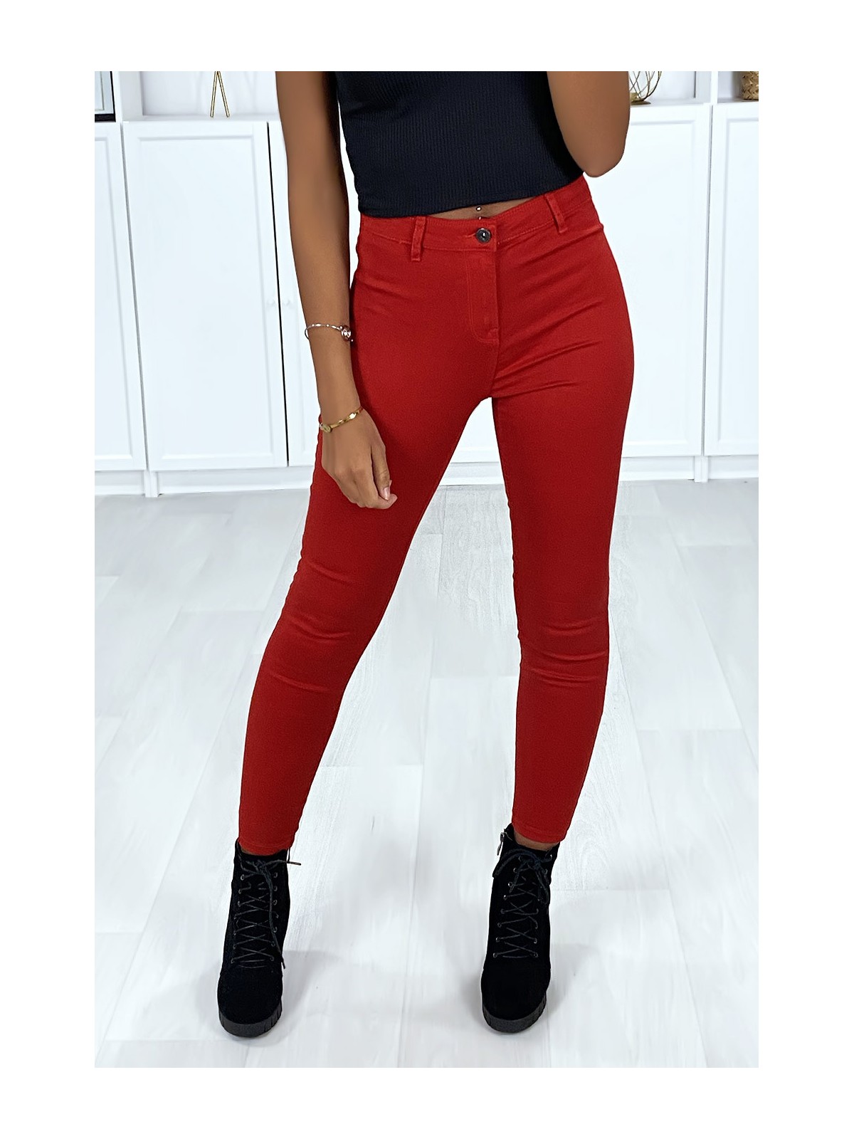 Jeans slim rouge très extensible avec poches à l'arrière - 4