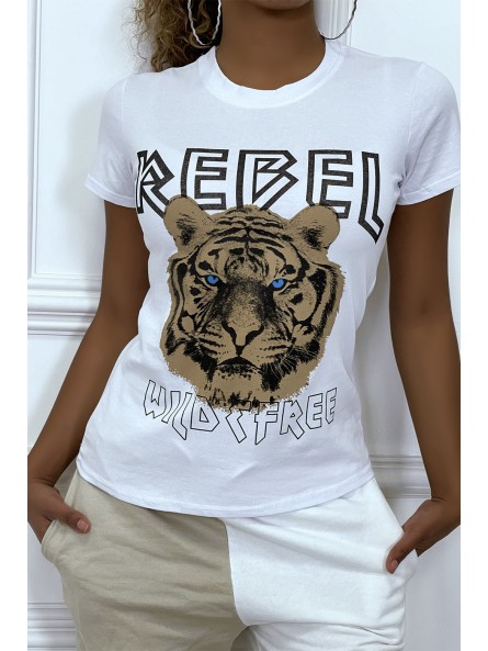 Tee-shirt blanc cintrée avec écriture REBEL et tête de lion - 2