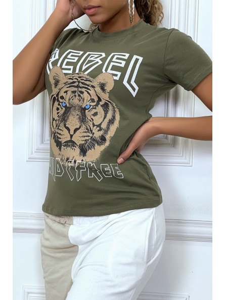 Tee-shirt kaki cintrée avec écriture REBEL et tête de lion - 3