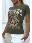 Tee-shirt kaki cintrée avec écriture REBEL et tête de lion - 5