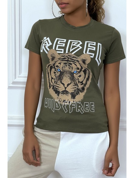 Tee-shirt kaki cintrée avec écriture REBEL et tête de lion - 6