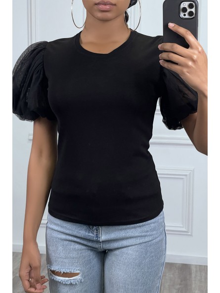 T-shirt noir à manches courtes bouffantes - 1