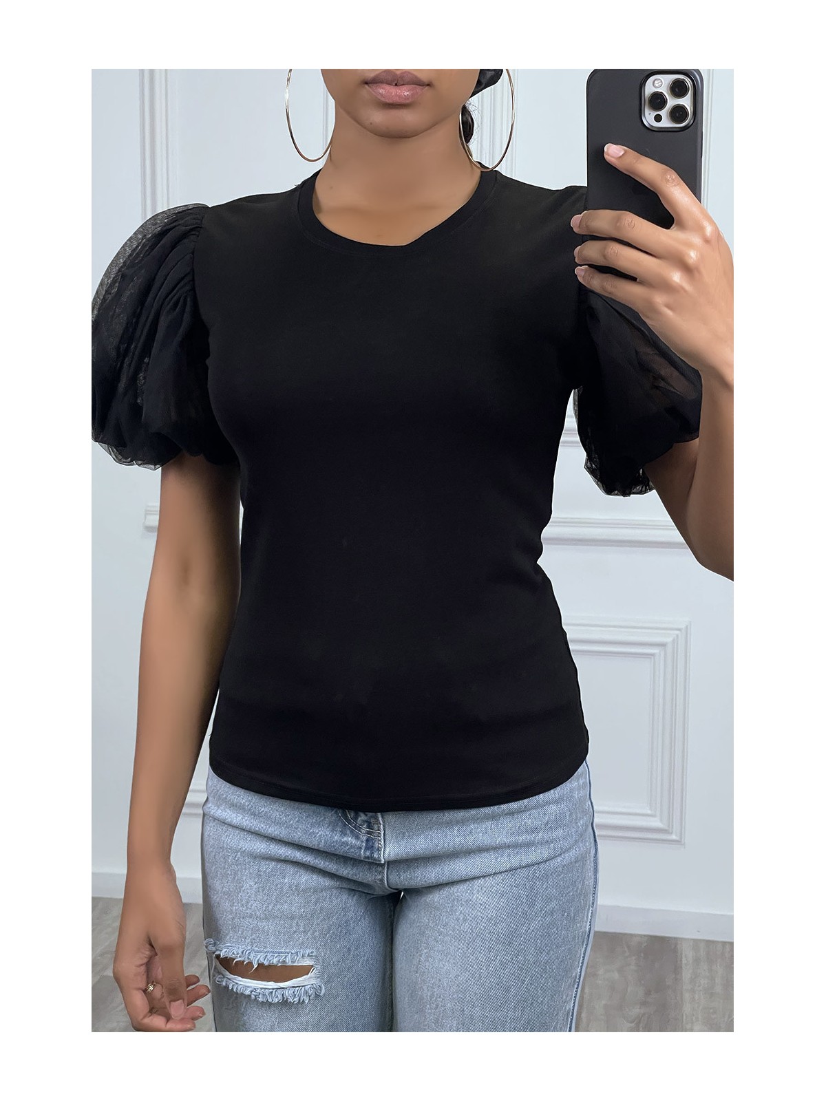 T-shirt noir à manches courtes bouffantes - 1