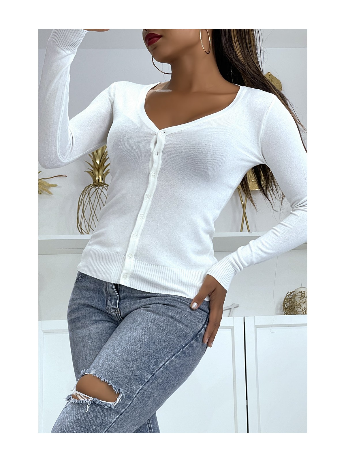 Gilet blanc en maille tricot très extensible et très doux - 5