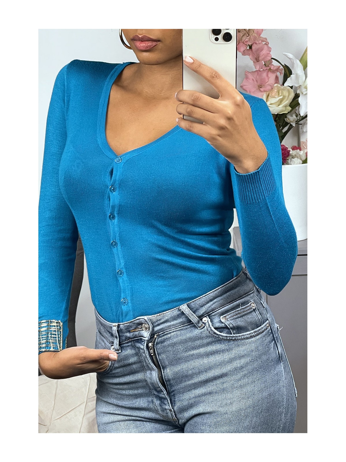 Gilet bleu en maille tricot très extensible et très doux - 2