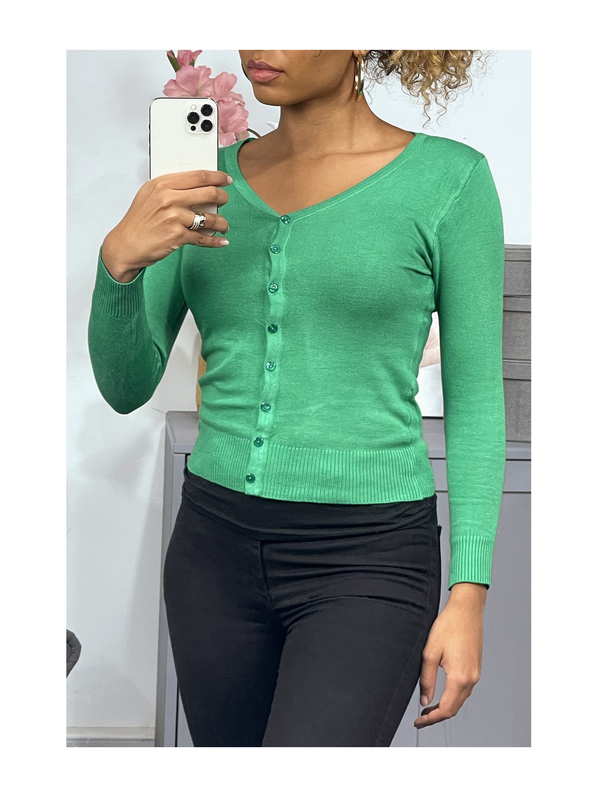 Gilet vert clair en maille tricot très extensible, l'incontournable classique - 3