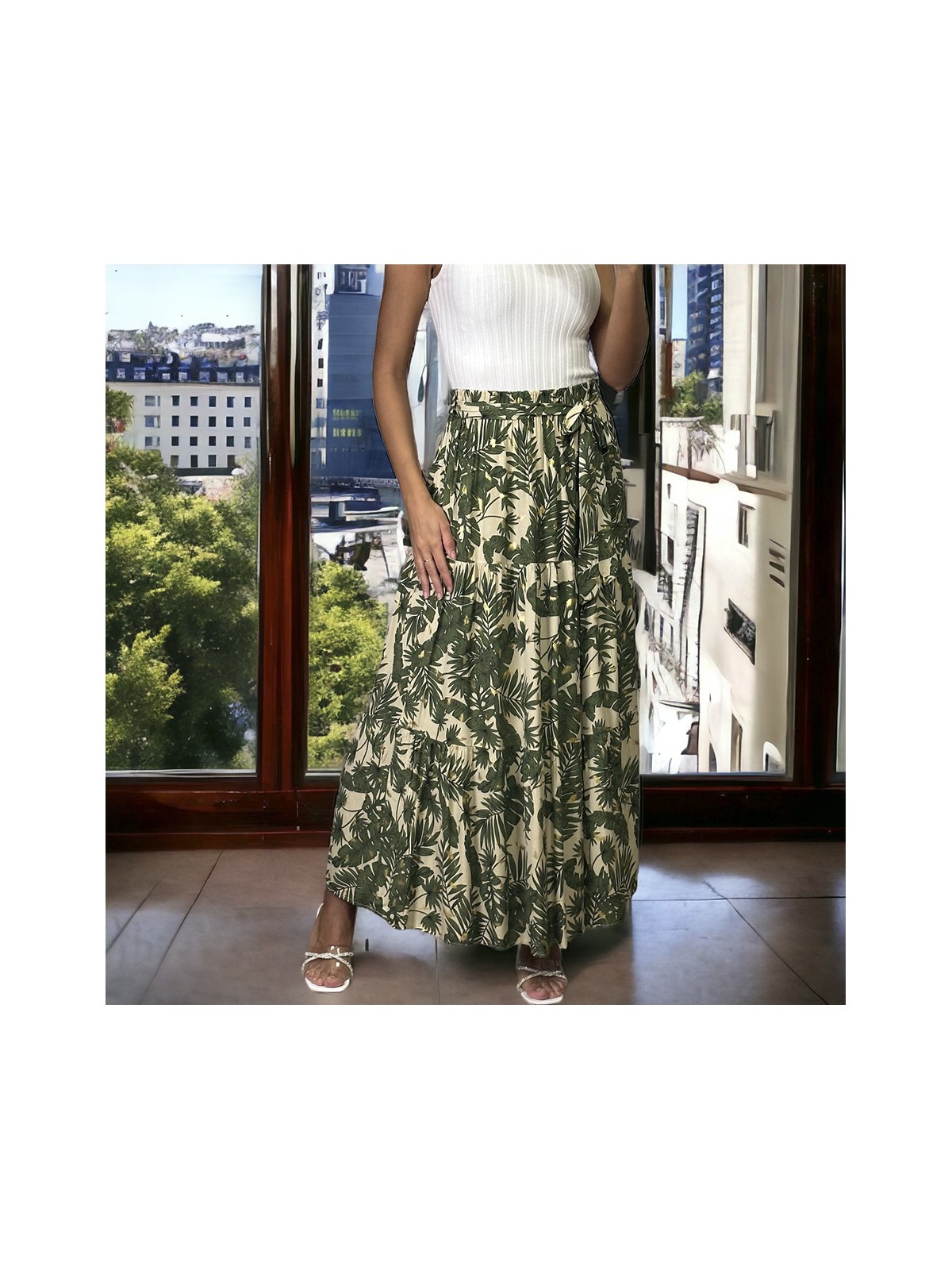 Longue jupe kaki évasé motif feuilles - 2