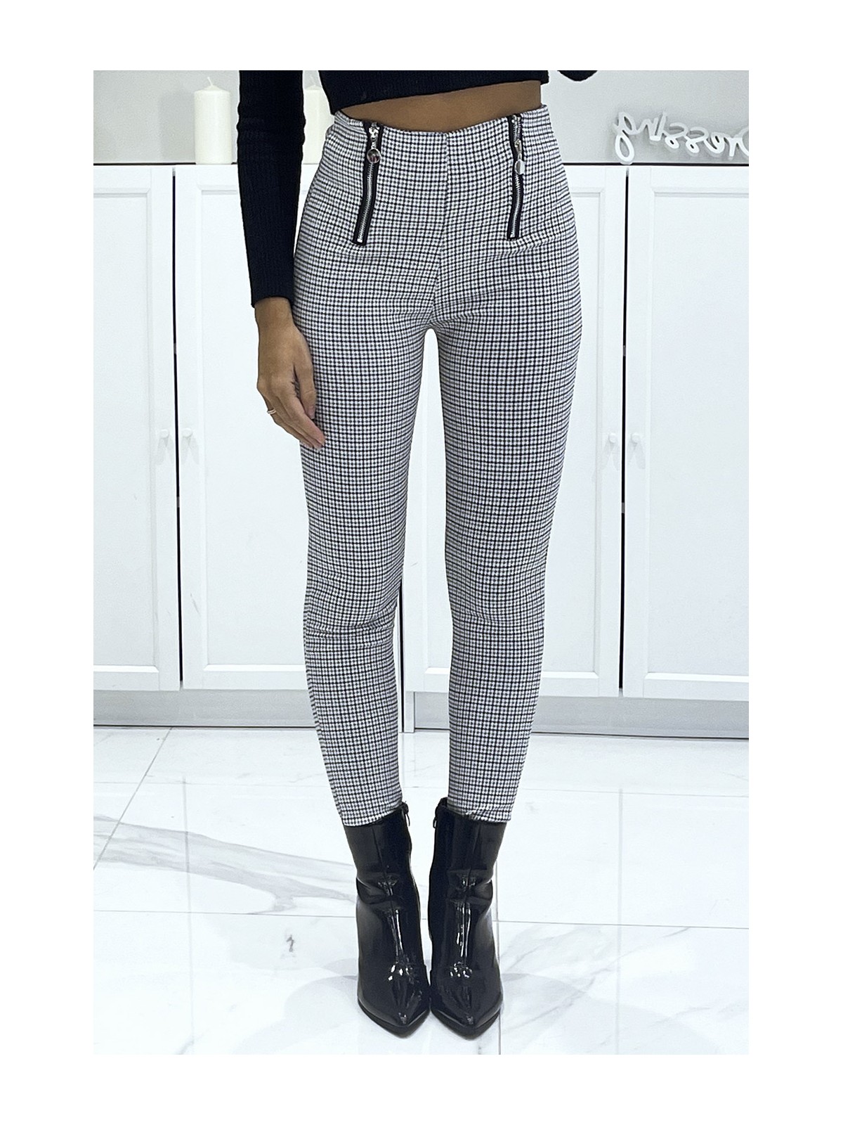 Pantalon slim extensible à motif à carreaux canard et double zip - 2