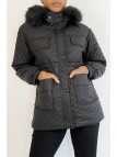 Manteau matelassé multi-poches noir à capuche - 2