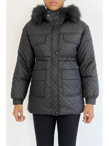 Manteau matelassé multi-poches noir à capuche - 5