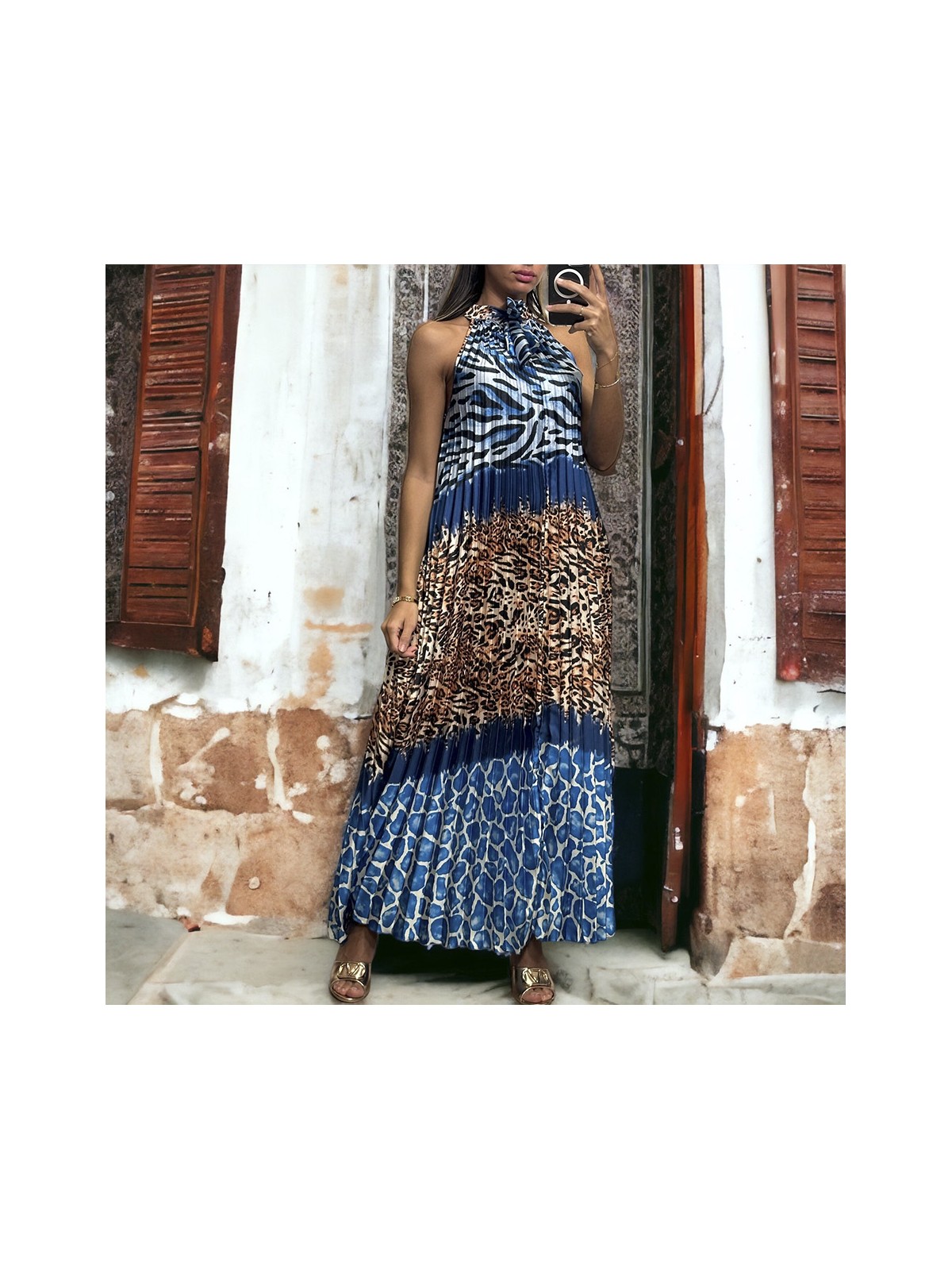 Longue robe plissé marine avec motif léopard - 1