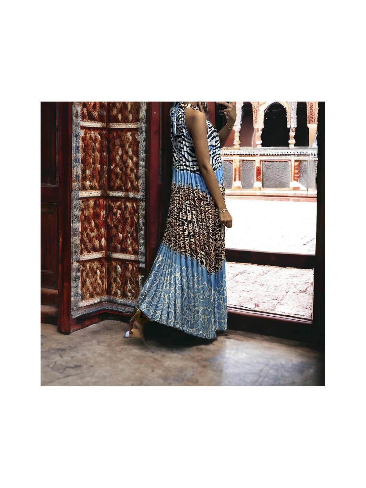 Longue robe plissé turquoise avec motif léopard - 1