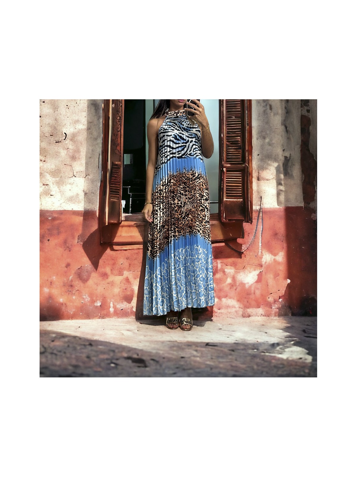 Longue robe plissé turquoise avec motif léopard - 3