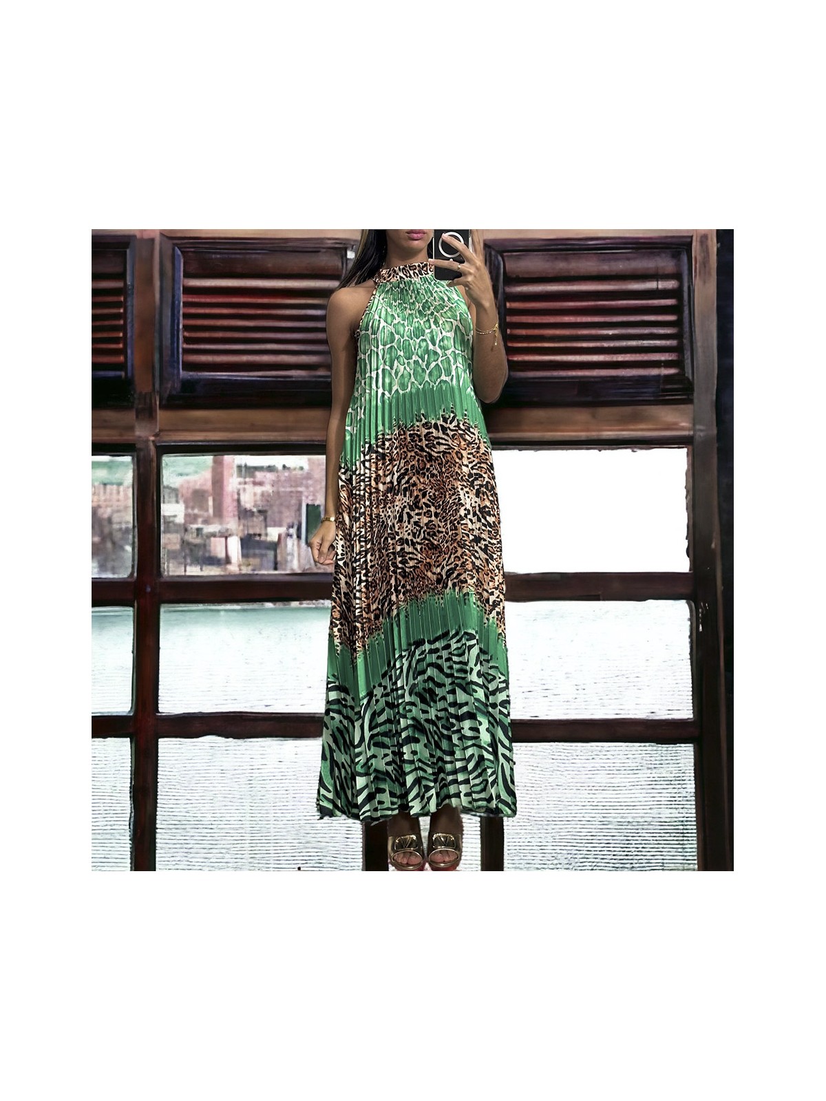 Longue robe plissé vert avec motif léopard - 3