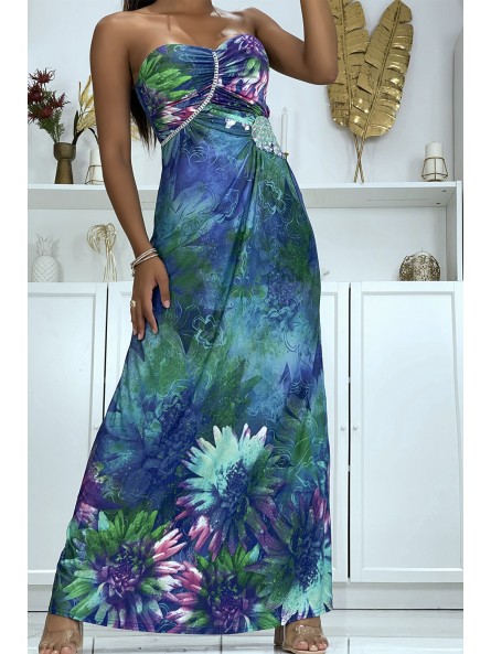 Longue robe motif fleuris bleu avec strass et plis au buste - 1