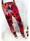 Pantalon fluide très agréable à porter en coton, motif fleuri rouge avec poche et lacet - 3
