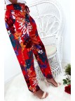 Pantalon fluide très agréable à porter en coton, motif fleuri rouge avec poche et lacet - 6