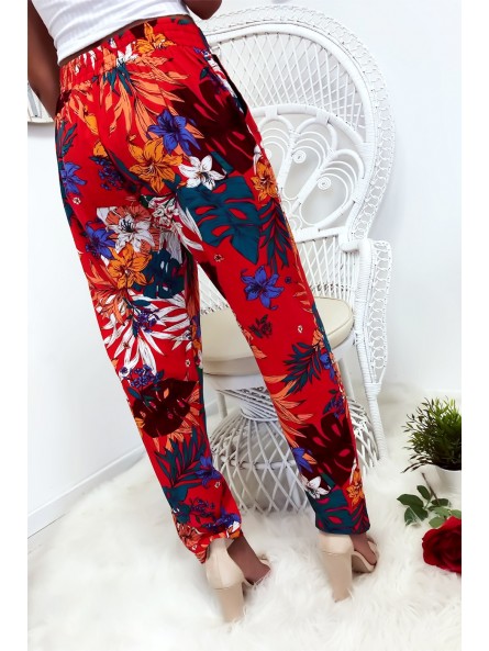 Pantalon fluide très agréable à porter en coton, motif fleuri rouge avec poche et lacet - 7