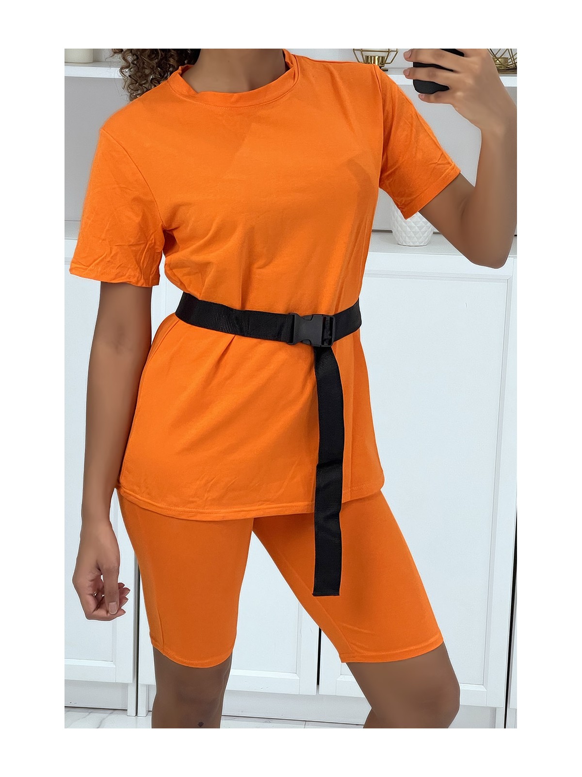 Ensemble T-shirt et cycliste orange avec ceinture - 2
