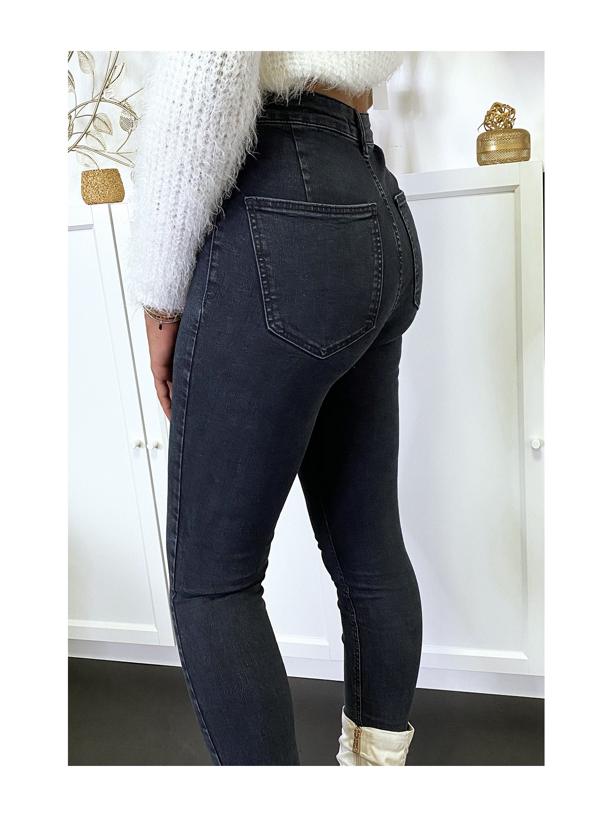 Pantalon jeans slim noir délavé avec poches arrières - 8