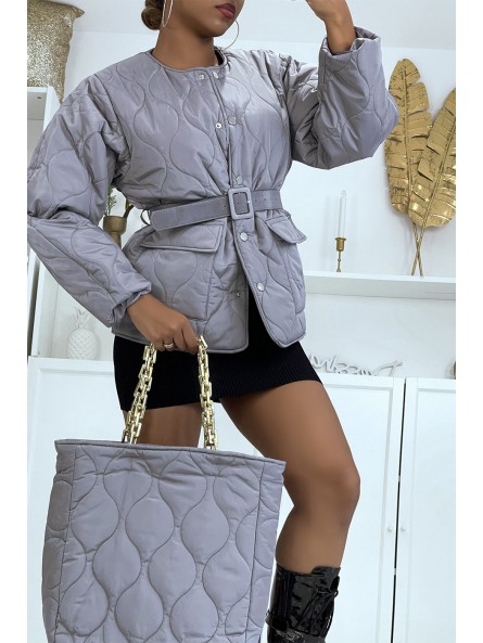 Manteau matelassé gris avec sac et ceinture - 2