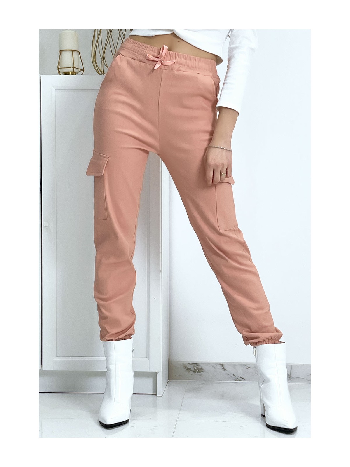 Pantalon treillis rose en strech avec poches - 2