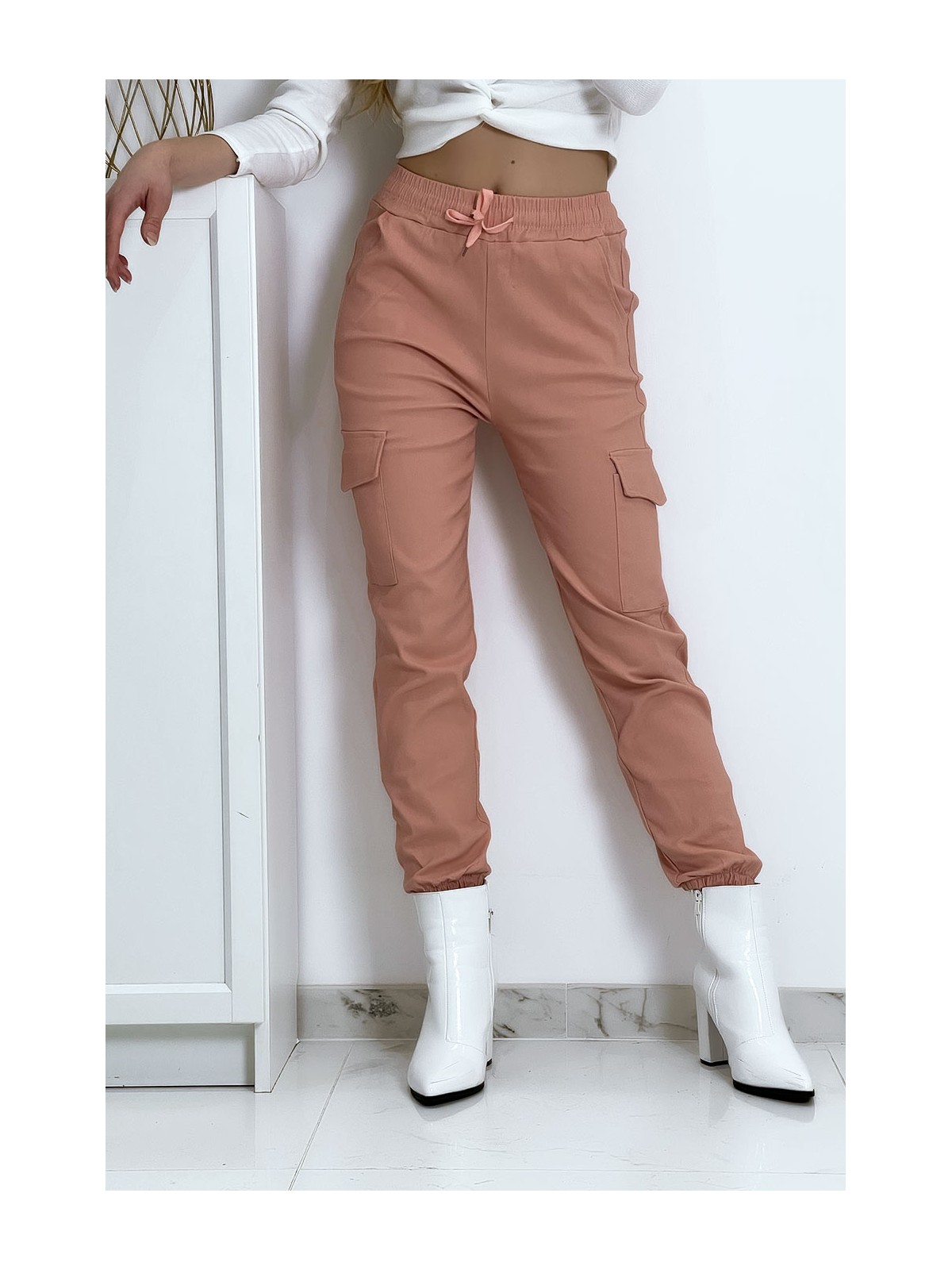 Pantalon treillis rose en strech avec poches - 8
