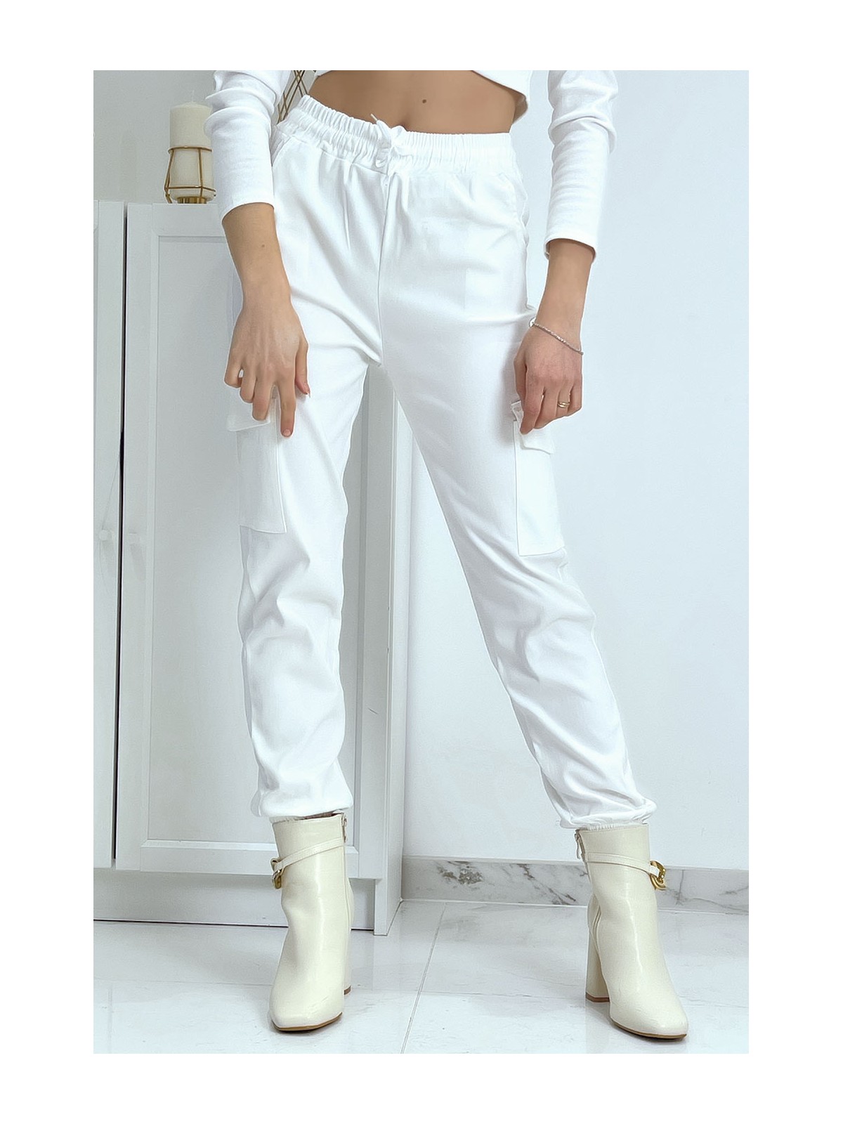 Pantalon treillis blanc en strech avec poches - 1