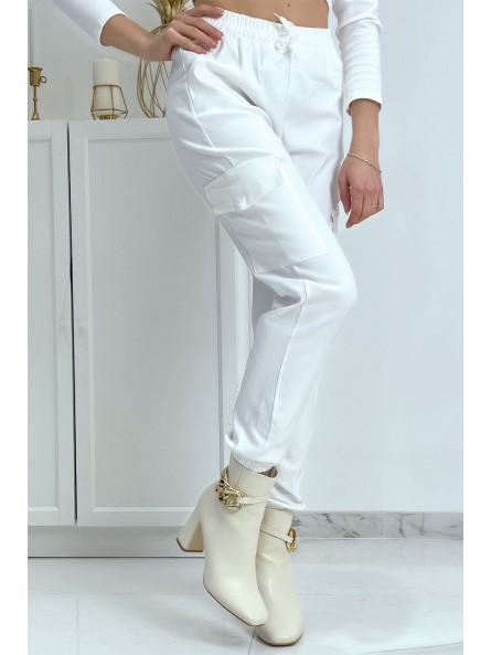 Pantalon treillis blanc en strech avec poches - 3