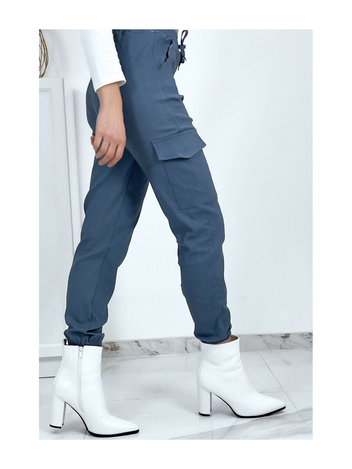 Pantalon treillis bleu en strech avec poches - 1