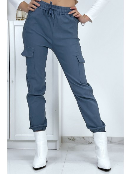 Pantalon treillis bleu en strech avec poches - 2