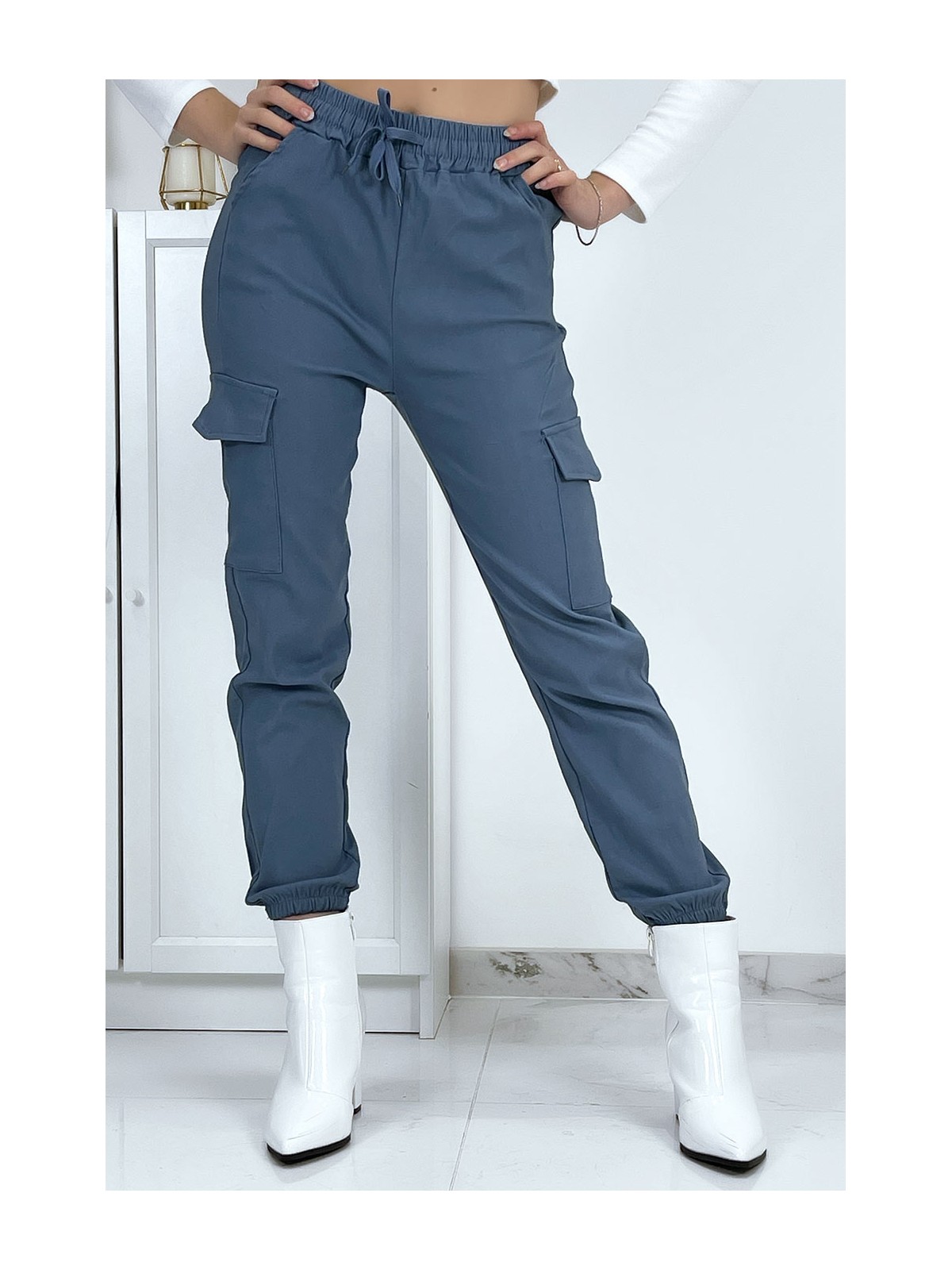 Pantalon treillis bleu en strech avec poches - 2