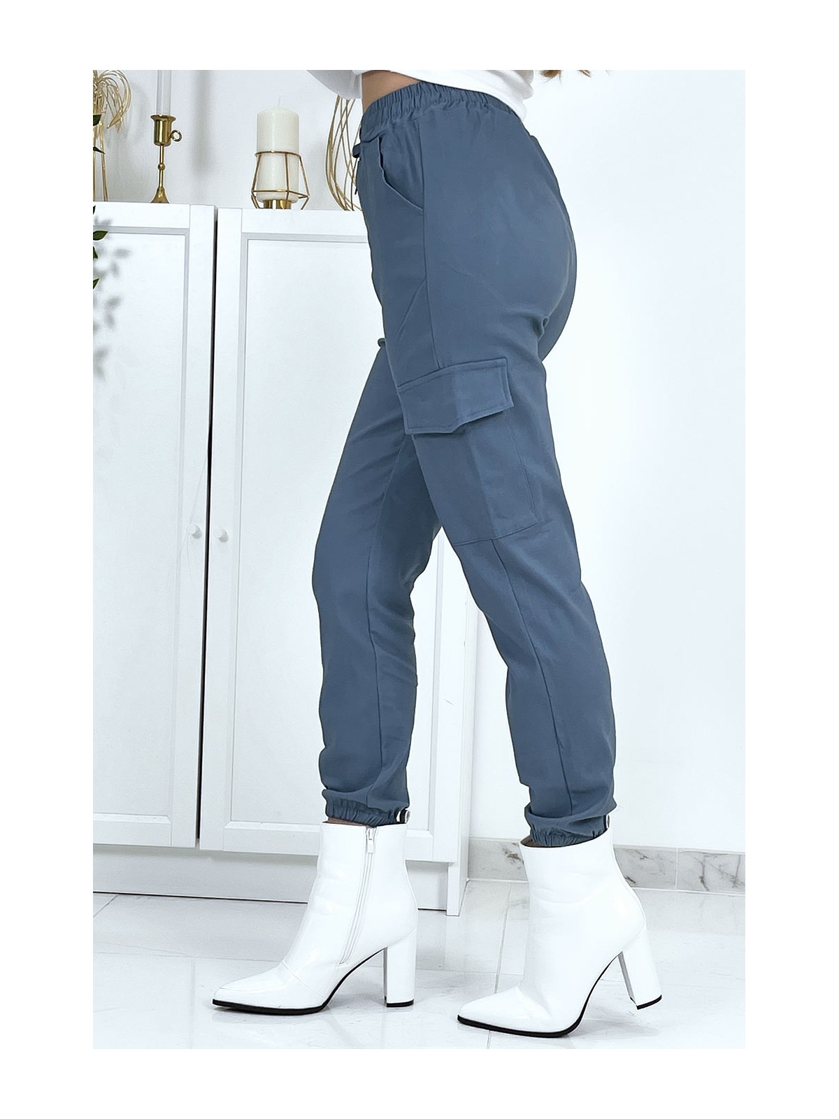 Pantalon treillis bleu en strech avec poches - 8