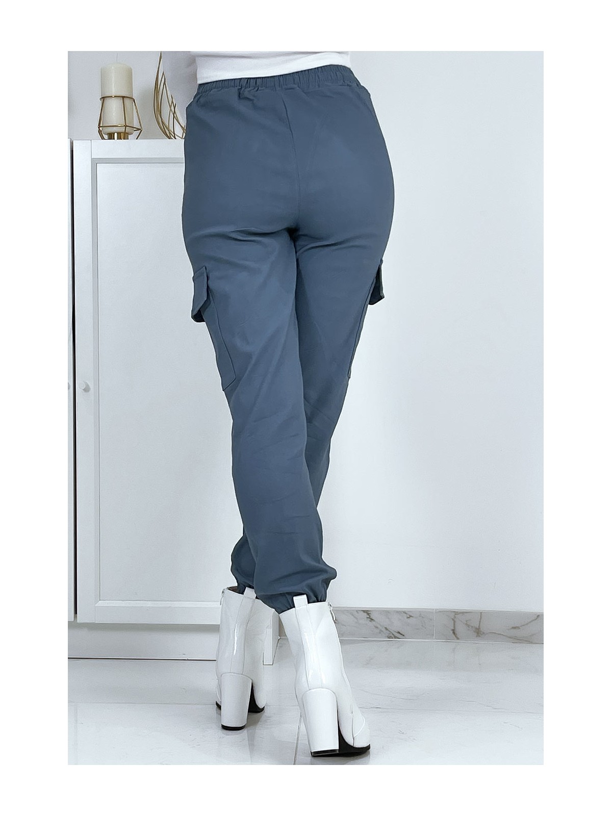 Pantalon treillis bleu en strech avec poches - 9