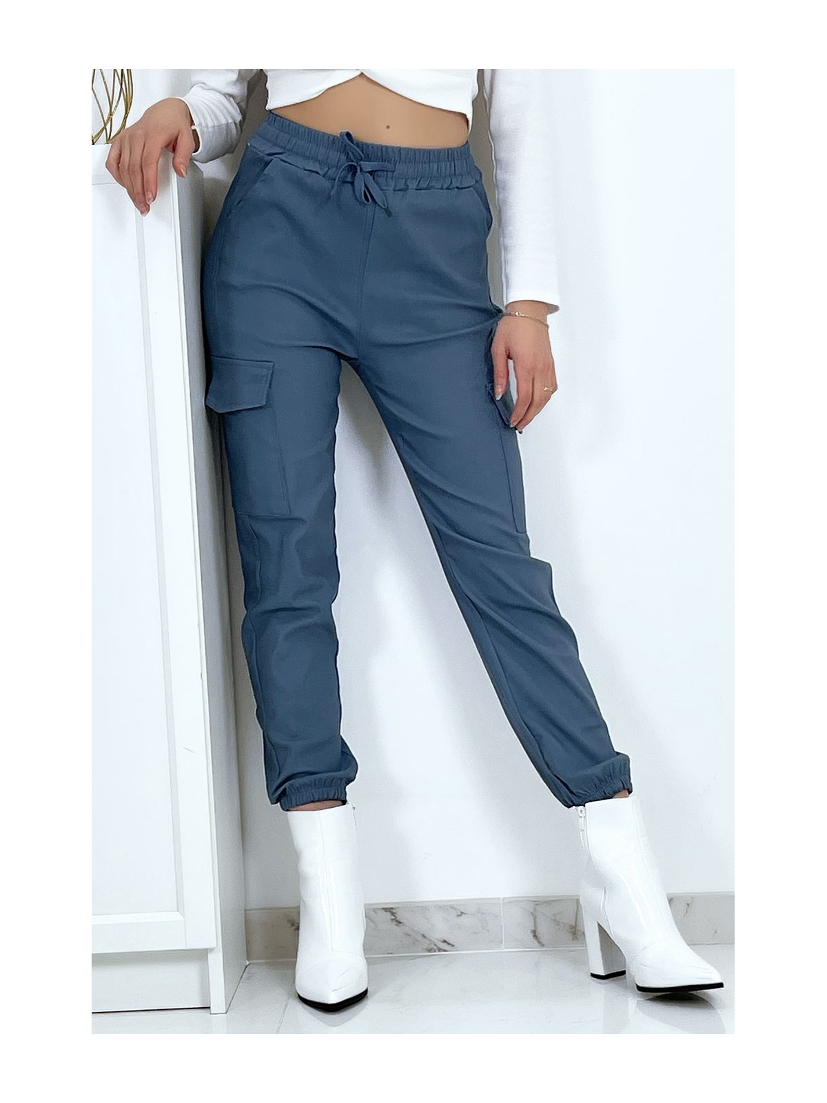 Pantalon treillis bleu en strech avec poches - 10