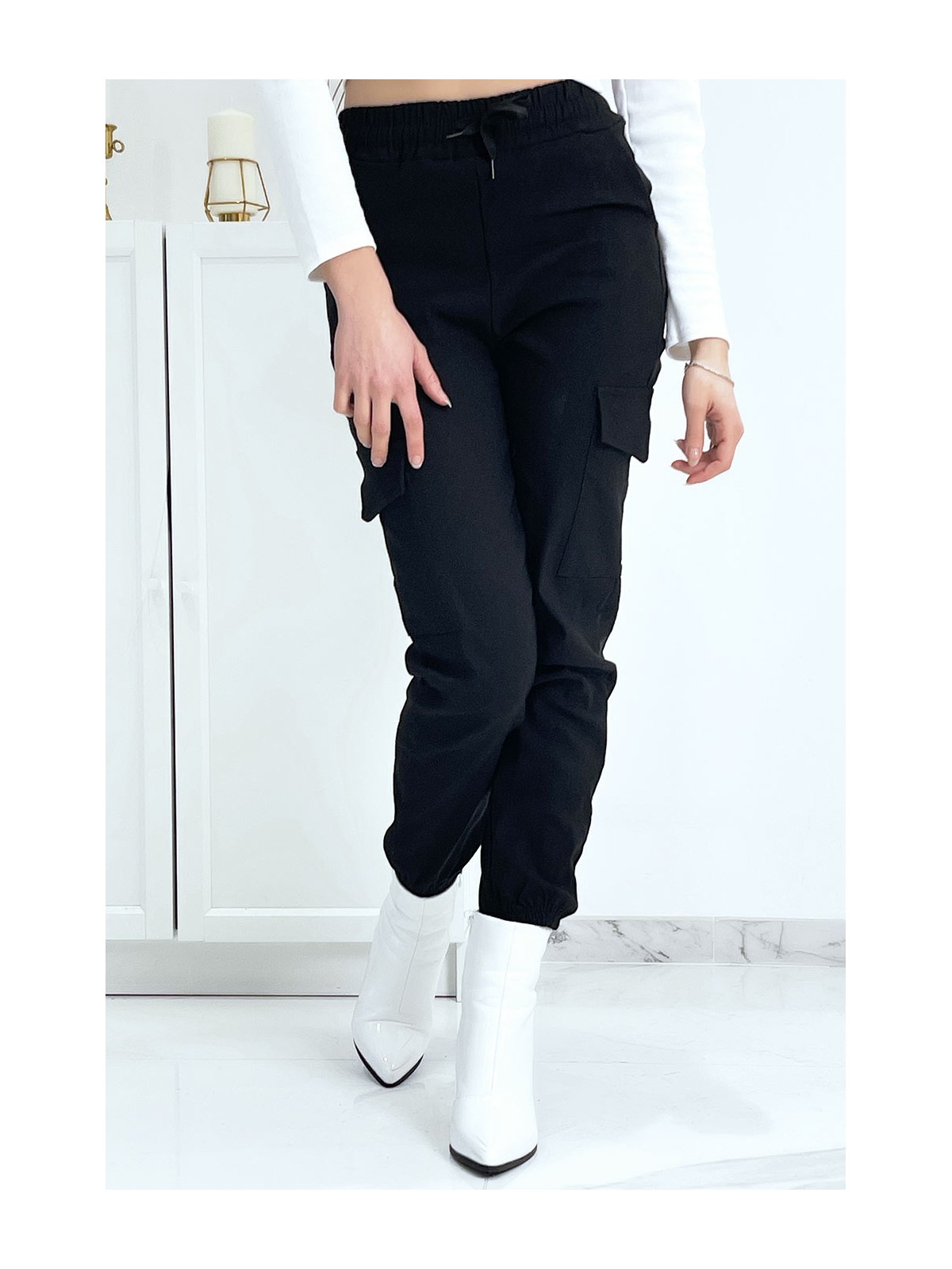 Pantalon treillis noir en strech avec poches - 4