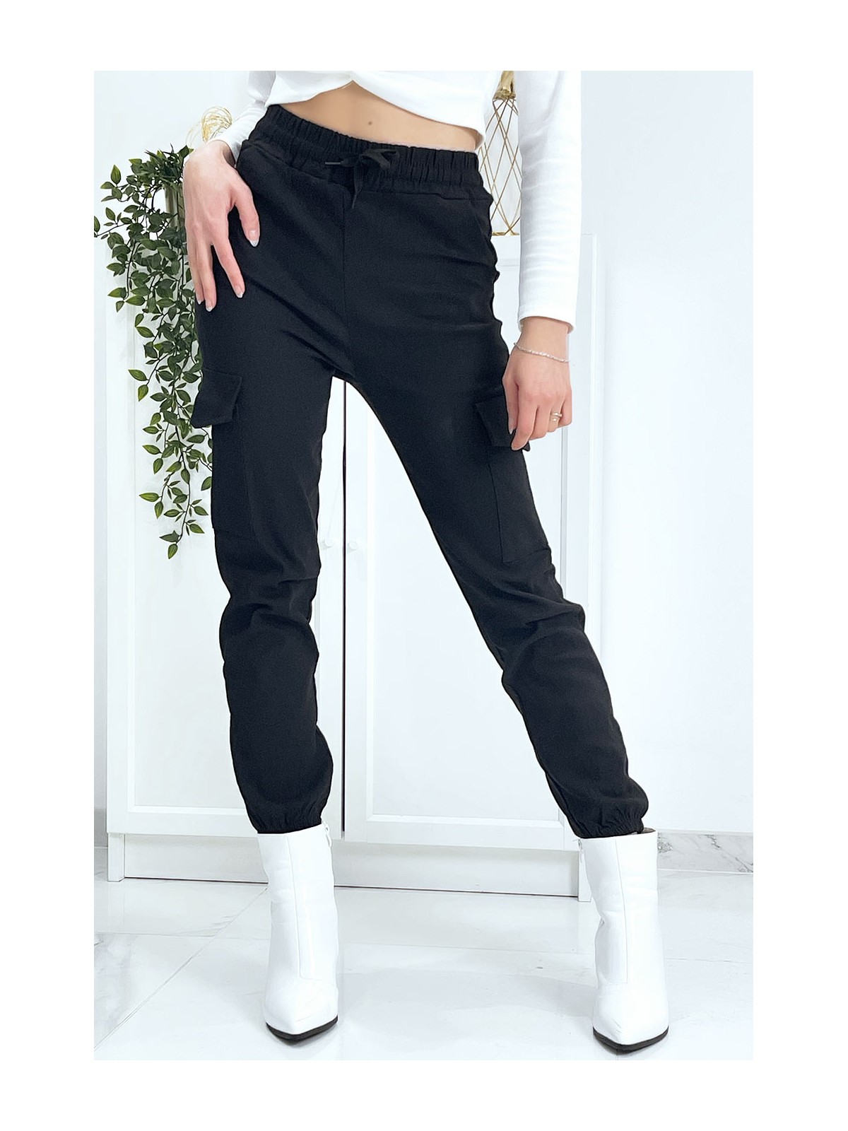 Pantalon treillis noir en strech avec poches - 6