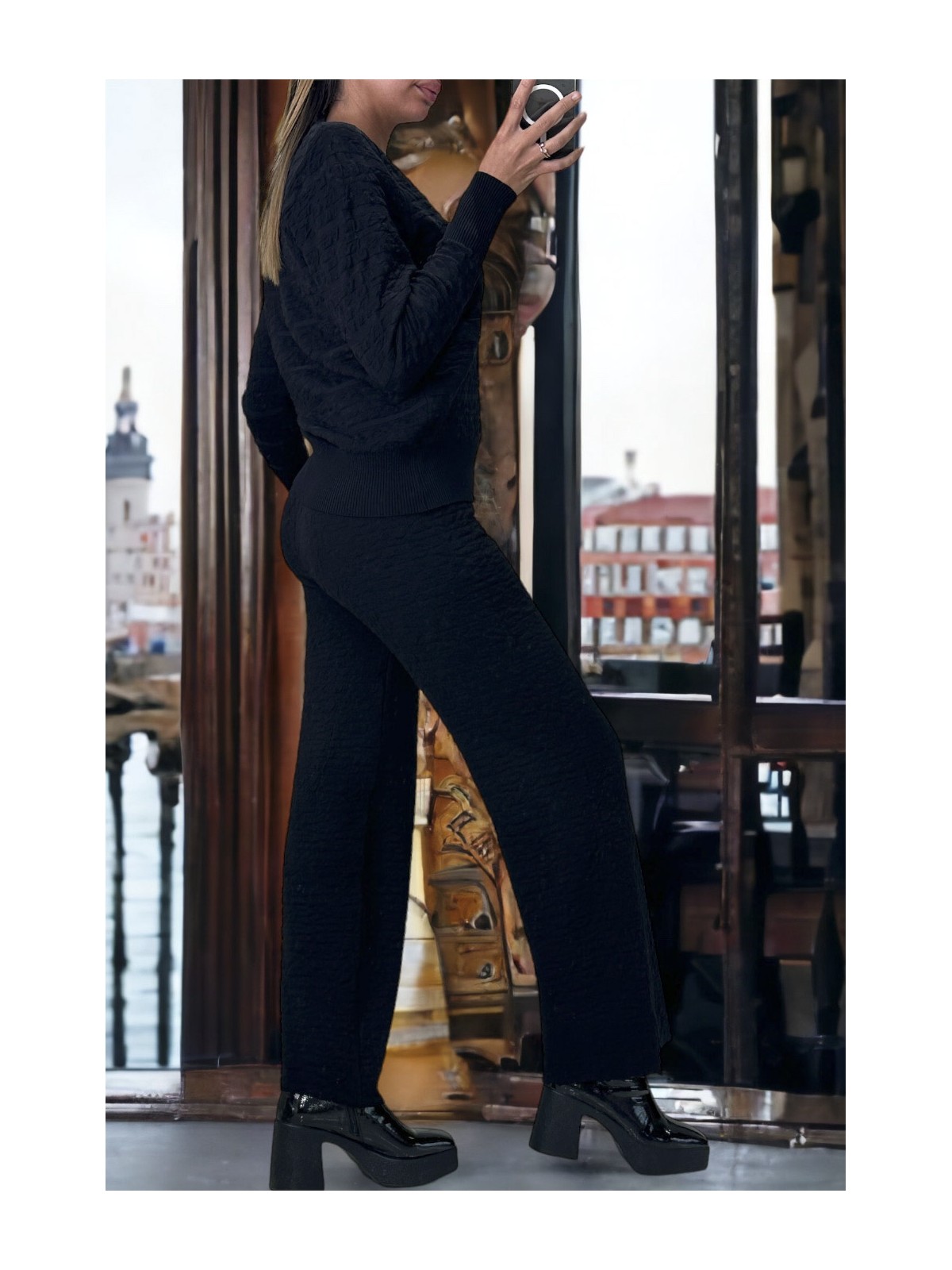 Ensemble noir gilet et pantalon palazzo en jaquard très extensible - 3