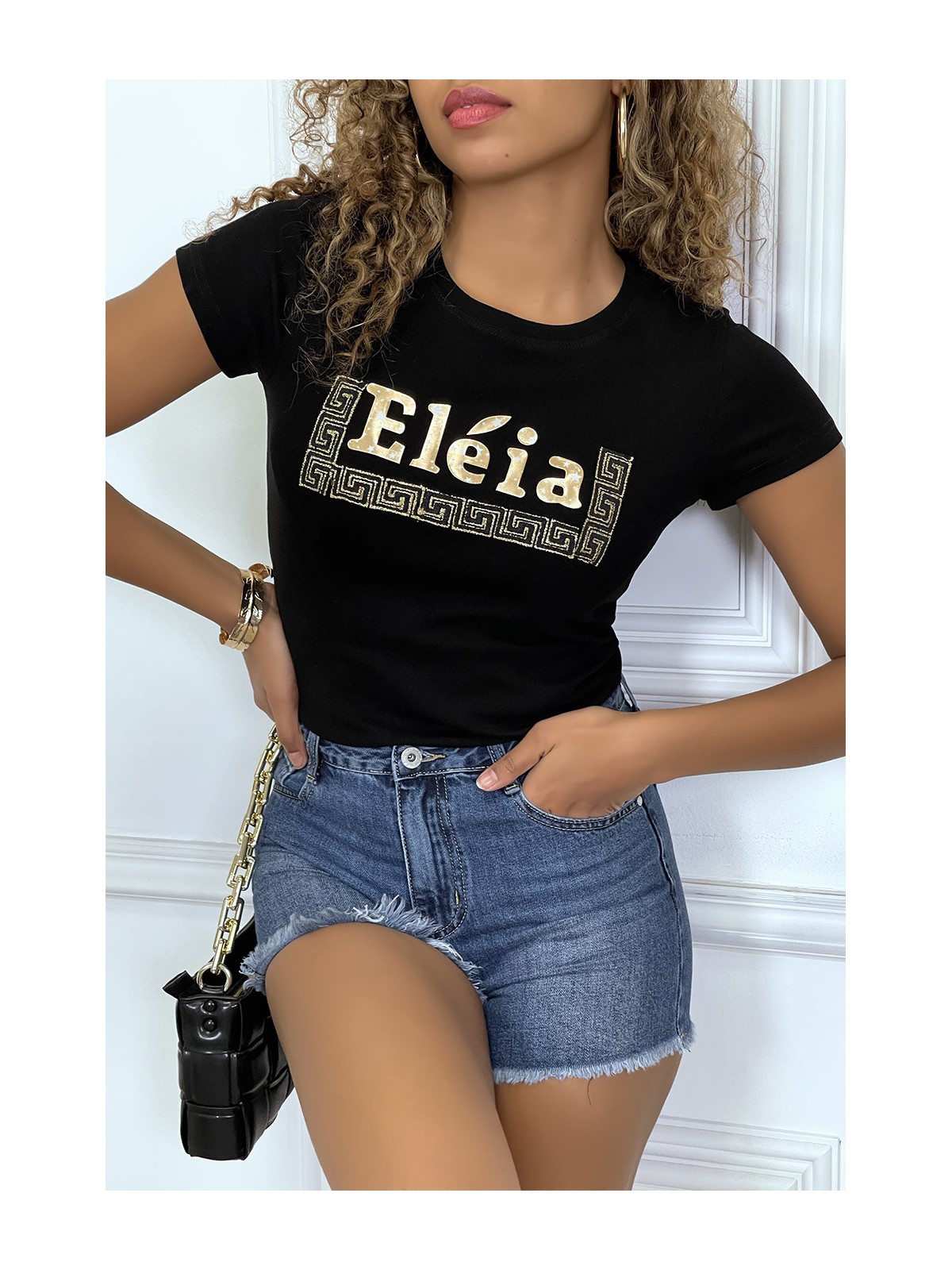 T-shirt noir manches courtes, avec écriture dorée "Eléia" et imprimés - 2