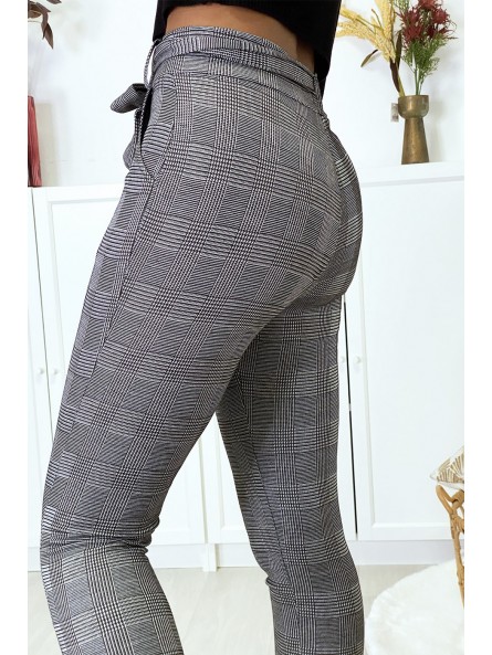 Pantalon slim à carreaux gris molletonné à l'intérieur avec poches et ceinture - 4