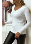 Pull blanc col V en maille tricot très extensible et très doux avec Zip doré au dos - 2