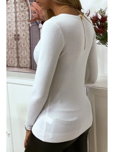 Pull blanc col V en maille tricot très extensible et très doux avec Zip doré au dos - 4