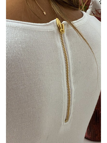 Pull blanc col V en maille tricot très extensible et très doux avec Zip doré au dos - 5