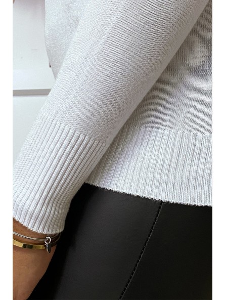Pull blanc col V en maille tricot très extensible et très doux avec Zip doré au dos - 6