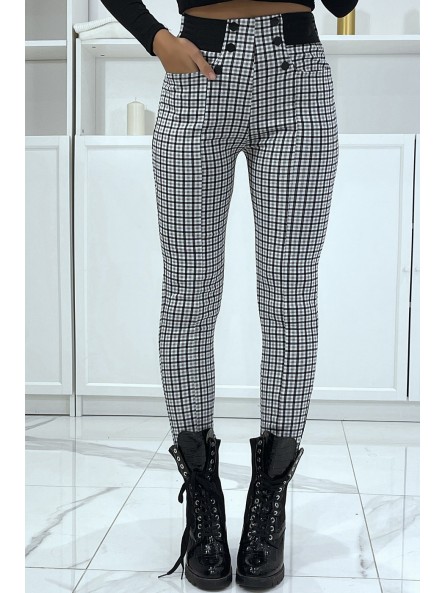 Pantalon blanc et noir motif carreaux avec poches boutons et élastique à la taille - 3