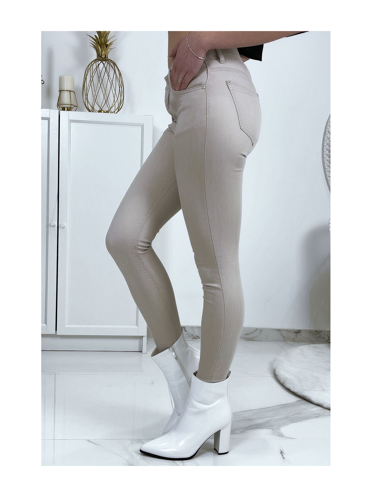 Jeans slim beige en strech avec poches - 4