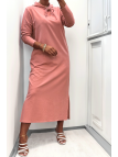 Longue robe sweat abaya rose à capuche - 4